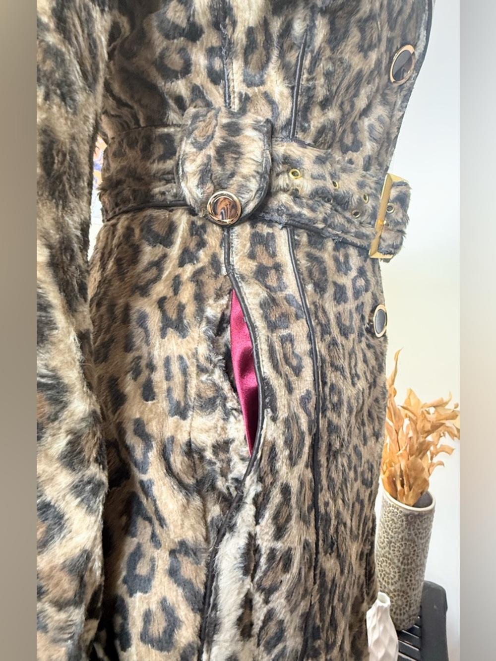 Members Only Leopard Faux Fur Trench Coat Belted XS Mob Wife NWT Flaw - Picture 5 of 13